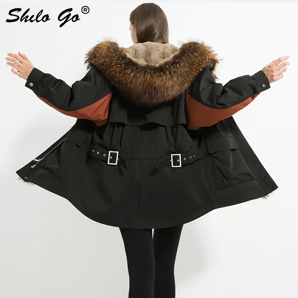 Fur Parkas Plus Size Real Raccoon Fur Collar Plocket Hooded Rabbit Fur Lining Coat Women Winter Casual Oversized Warm Outwear