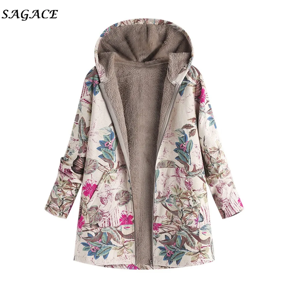 

Sagace Clothes Coats Women Winter Zipper Warm Coats Lady Warm Fashion Outwear Floral Print Hooded Pockets Vintage Oversize Coats