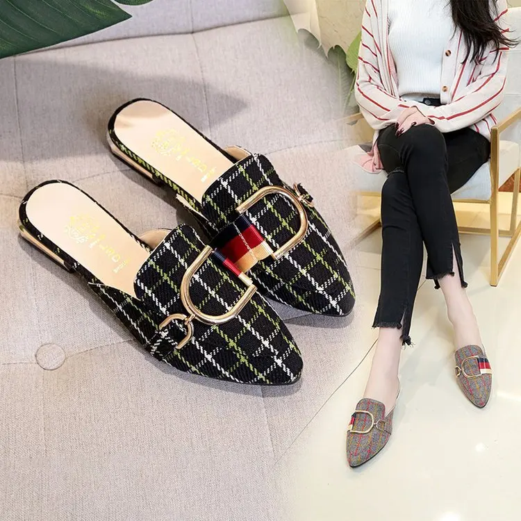 

Europe And America Spring Closed-toe Semi-Trailing Shoes Women's 2019 New Style Chunky Heel Pointed Slippers Female Summer Outer