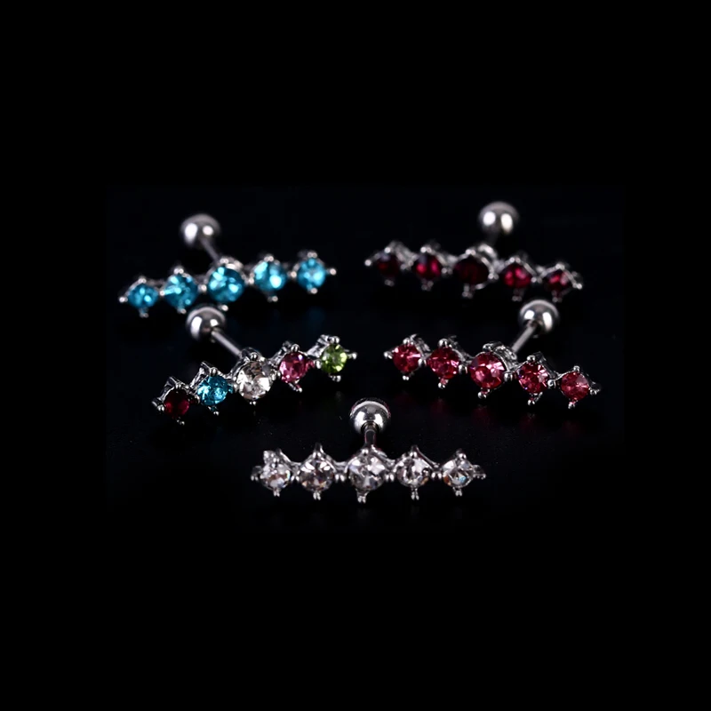 Hot New Surgical Steel Bar Wave Ear Cartilage Crystal Stud Earring Ring Piercing Jewelry
