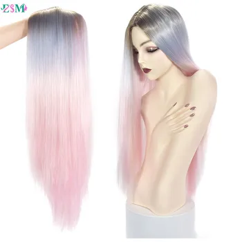 

Long Heat Resistant Synthetic Fiber Straight Wigs For Women Ombre Pink/Grey/BUG Glueless Daily/Cosplay Natural Hair Wig