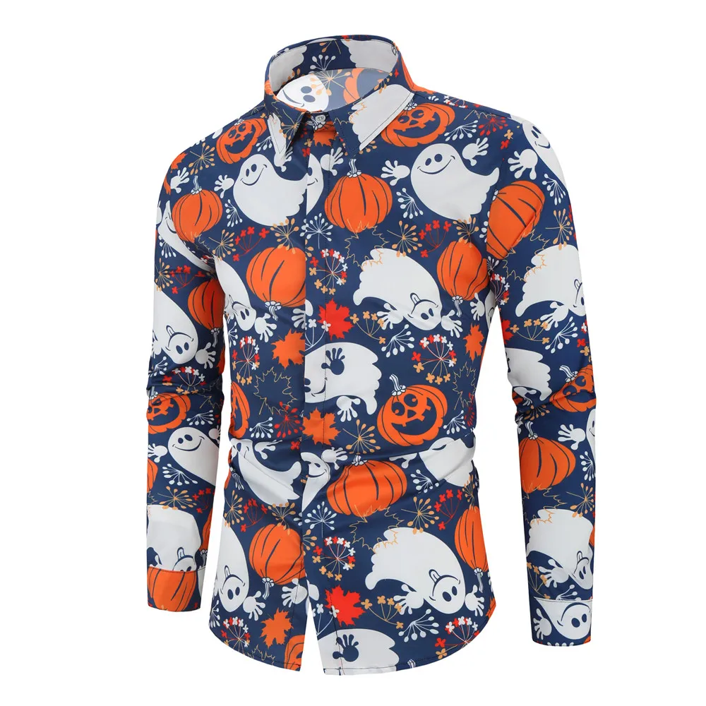 

Hot Sale Men Halloween Pumpkin Print Long Sleeve shirt Tops Shirt Female Casual shirts