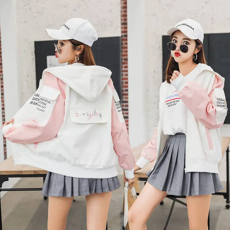 

Harajuku Oversized Jacket Women 2019 Spring Outwear Patchwork Coat Hip Hop Streetwear Loose Hooded Jackets Kawaii Print Hoodies