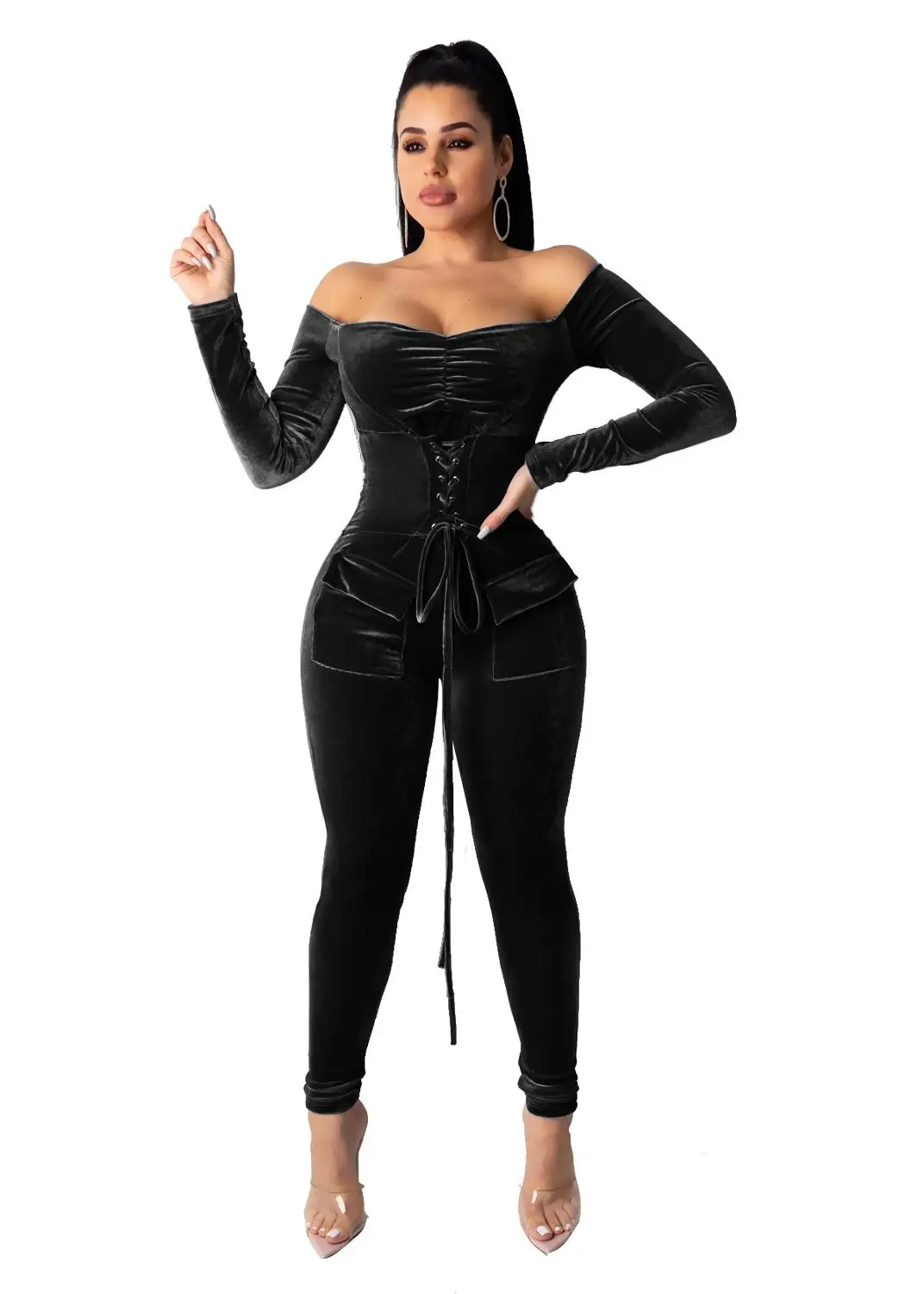 Elegant Off Shoulder Velvet Jumpsuit 