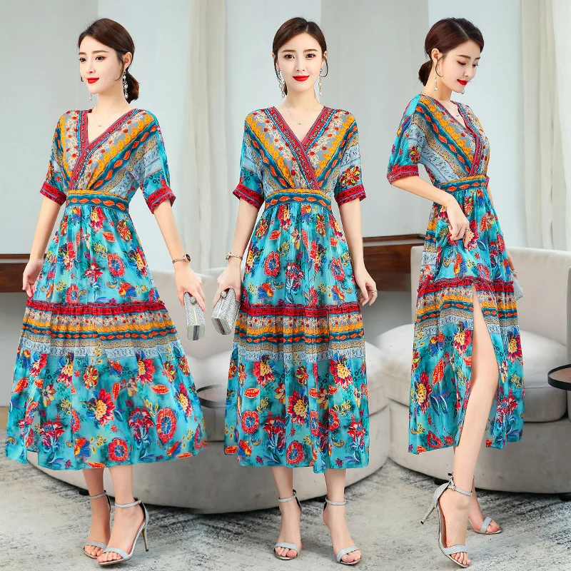 

Floral-Print Silk Dress 2019 Spring And Summer New Style Women's Retro Debutante Waist Hugging Slimming Mulberry Silk Skirt