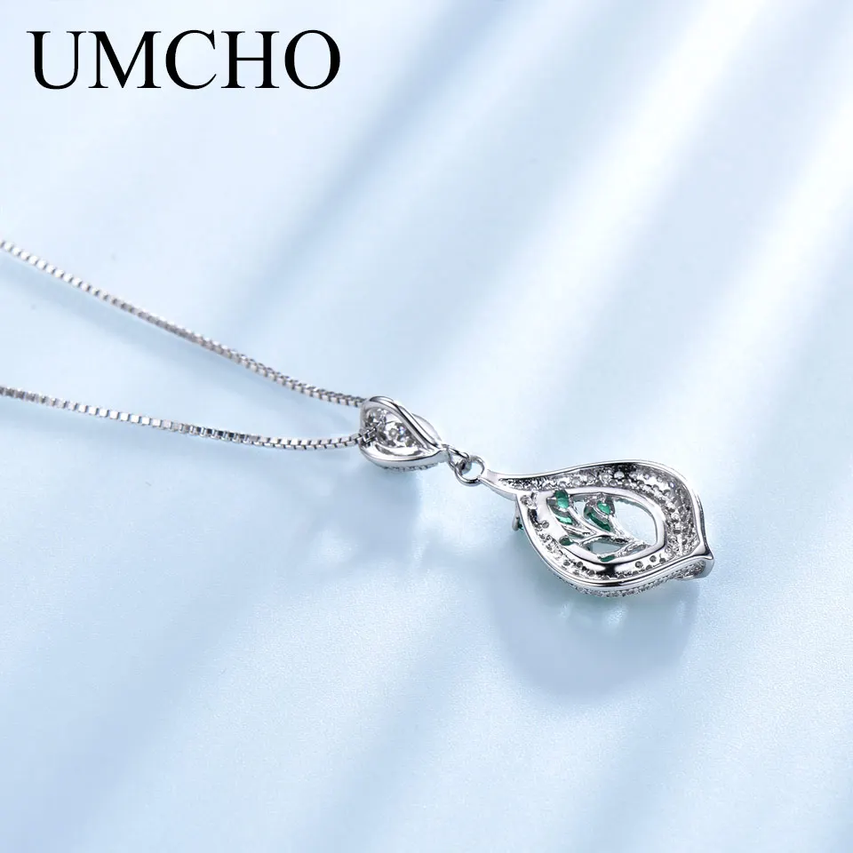 UMCHO Твердые 925 пробы Серебряный лист изумрудное ожерелье с подвеской драгоценный