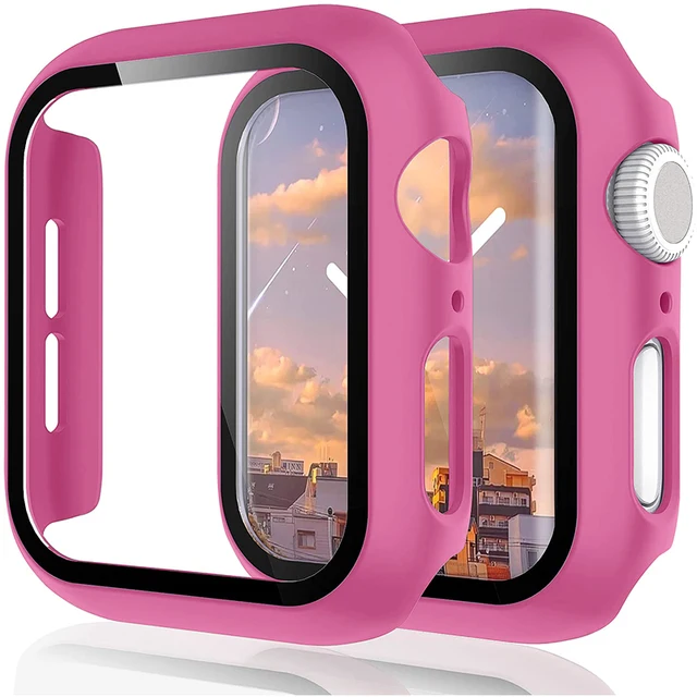 Watch Cover+Tempered Glass for Apple Watch Case 45mm 41mm 44mm 40mm 42mm 38mm,Bumper+Screen Protector for Iwatch 7 SE 6 5 4 3 2 Rose Red