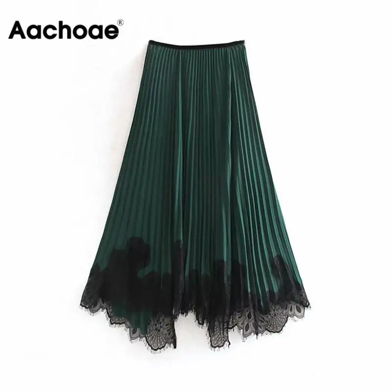 

Fashion Lace Patchwork Women Long Skirt Vintage Ladies Loose Irregular Pleated Skirt Elegant Female Elastic Waist Midi Skirts