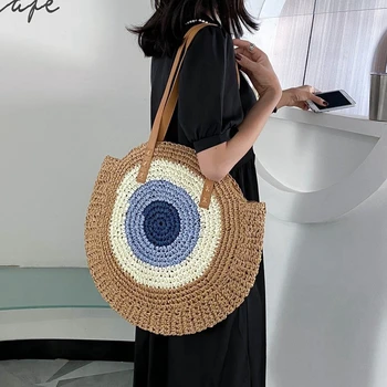 

JZ CHIEF Woven Round Bag Women Straw Shoulder Bag With Zipper Closure Ladies 2020 Summer Beach Bag Rattan Casual Many Colors