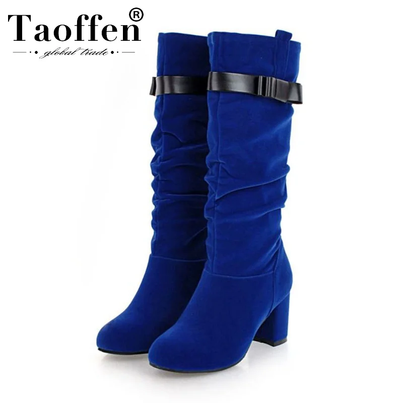 Taoffen/женские пикантные вечерние зимние сапоги до колена; офисные женские сапоги с круглым носком и пряжкой в стиле ретро; обувь на массивном каблуке; размеры 31-43