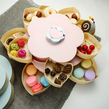 

Double Layer Snack Box Candy Plates Storage Organizer Petal-Shape Rotating Snack Tray Dried Fruit Plate with Mobile Phone Holder
