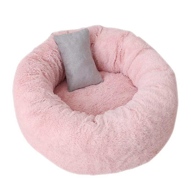 Pets Shag Plush Donut Cuddler Calming Bed Round Plush Cat Dog Mat Sleeping Bed with Pillow E2S - Цвет: Pink