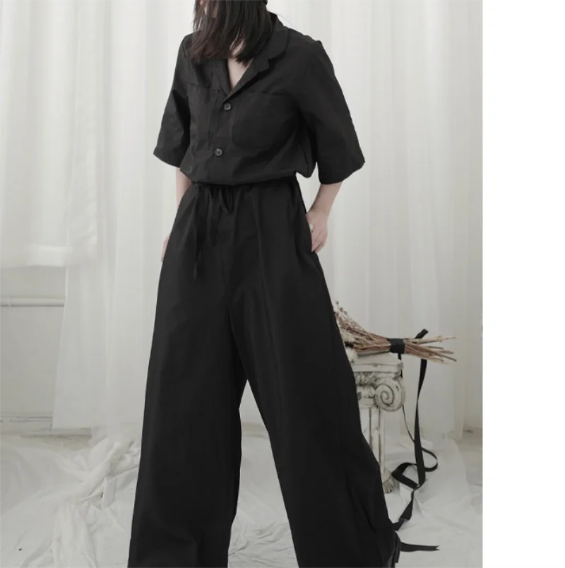 Spring and summer ladies solid color jumpsuit women's jumpsuit overalls rope waist short sleeve jumpsuit trousers