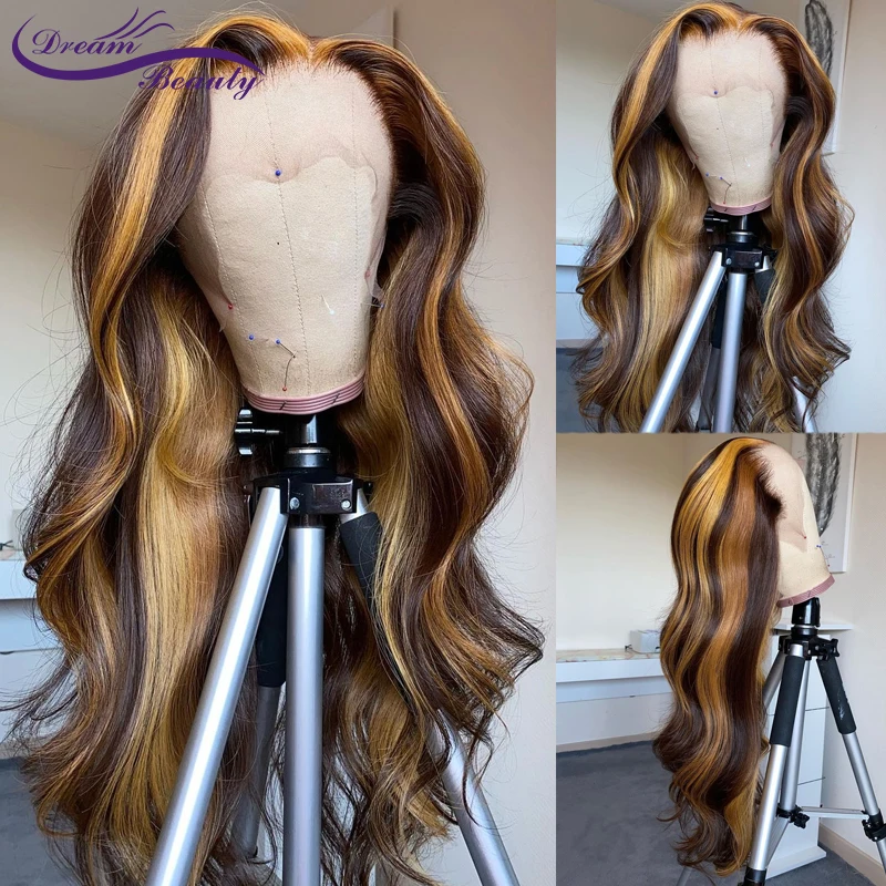 Highlight Blonde 13X4 Lace Front Wigs 180% Brazilian Remy Wavy Human Hair Wigs For Women #4/27 Blonde 4x4 Lace Closure