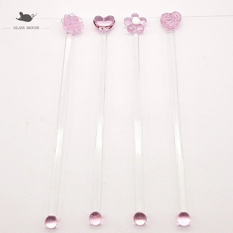 4pcs custom glass Cocktail Stirrer Swizzle Stick coffee stirrer Bar tableware handmade pink glass flower ornament 3