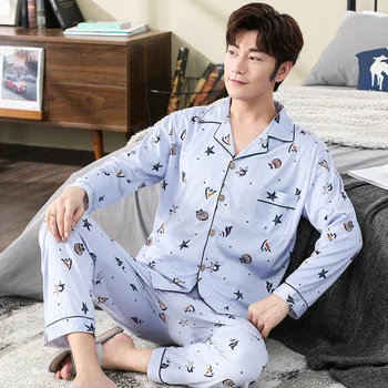 

XIZOU Pajama Sets Men Spring Autumn Long Sleeve O-neck Printed Korean Style Casual Students Soft Fashion Comfort Homewear Trendy