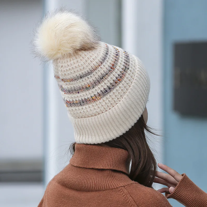 Women Winter Thicken Alphabet embroidery Flanging Warm Ear protectors Little bee Pompom knit hat Female Skull Beanies cap Z205