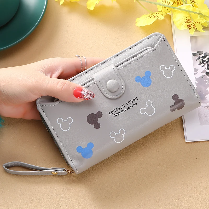 Lovely Mickey Cartoon PU Leather Lady Long Hand Holding Large-Capacity Card Holder Women`s Wallet Girl Fashion Mobile Phone Bag 