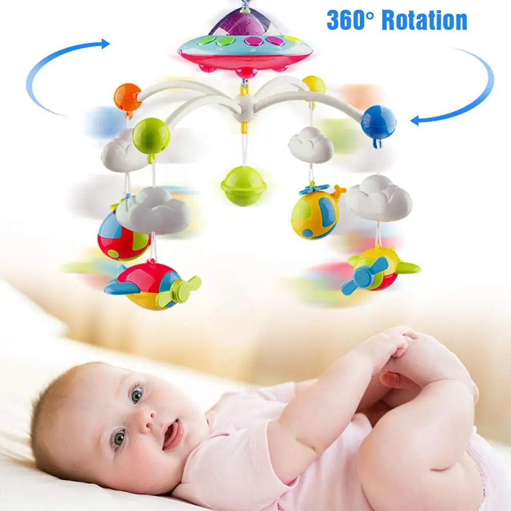 Spielzeug für Neugeborene 0-24 Monate hängende rotierende Rasseln und Fernbedienung Spieluhr Brownrolly Neugeborenes Baby Musical Krippe Mobile mit Timing-Funktion Projektor und Lichter 