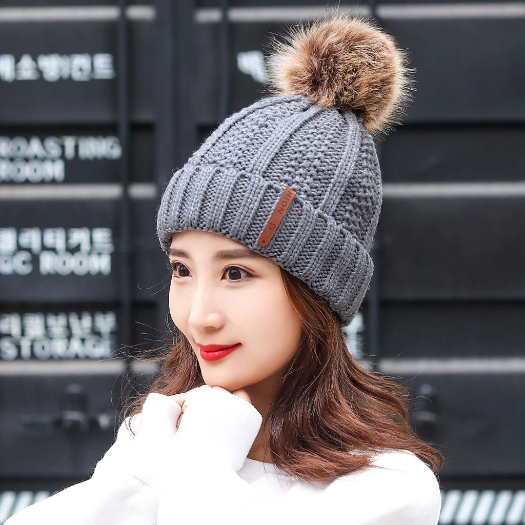 Hairball Beanie, женская зимняя теплая вязаная шапка, шерстяная шапка, плотная женская шапка Skullies Beanie, Лыжная шапка