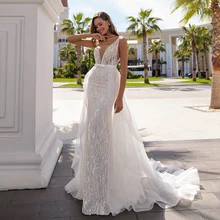 

Shinny Beach Wedding Dress 2 In 1 Detachable Train Cap Sleeves Mermaid Bridal Gown For Bride Backless Charming Robe De Mariage