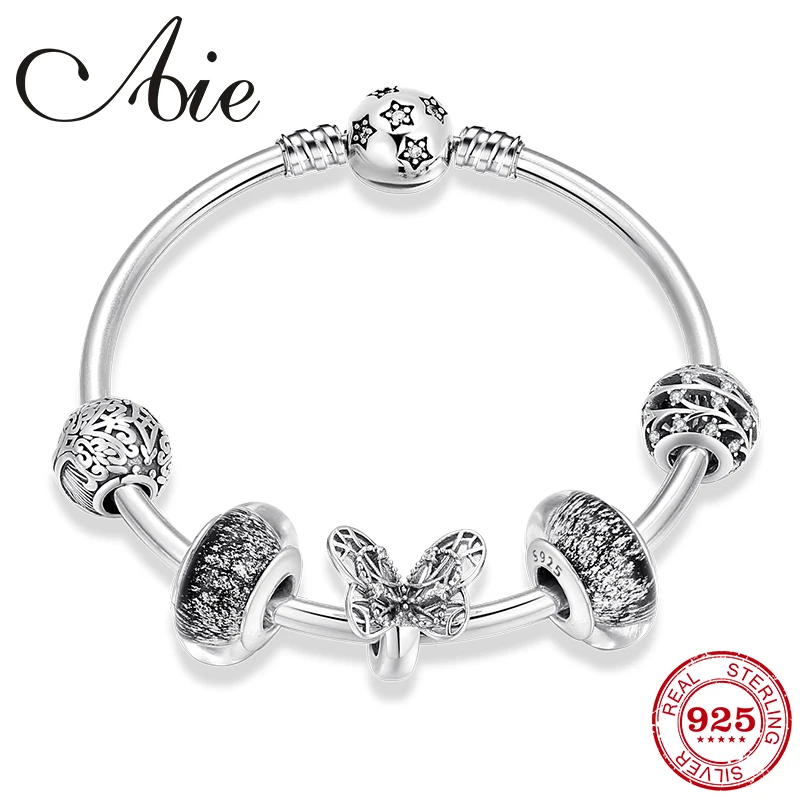 Простой 925 пробы серебряные браслеты дружбы Серебряная бабочка браслеты с подвесками с европейские стеклянные бусины для браслет