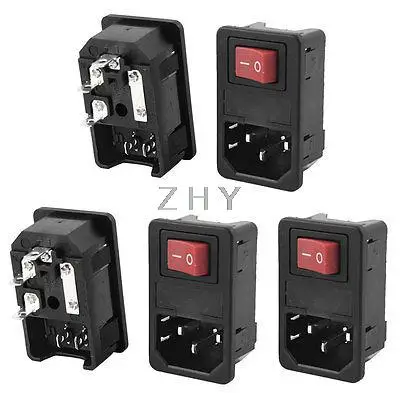 

AC250V 10A SPST Red Button Rocker Switch IEC320 C14 Inlet Socket w Fuse 5Pcs
