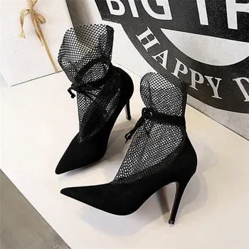 

Spring Summer 2020 New Pumps Shoes Woman Sexy Pointed Toe V-Mouth Stilettos Mesh Hollow Skinny Lady Ankle Boot Thin High Heels