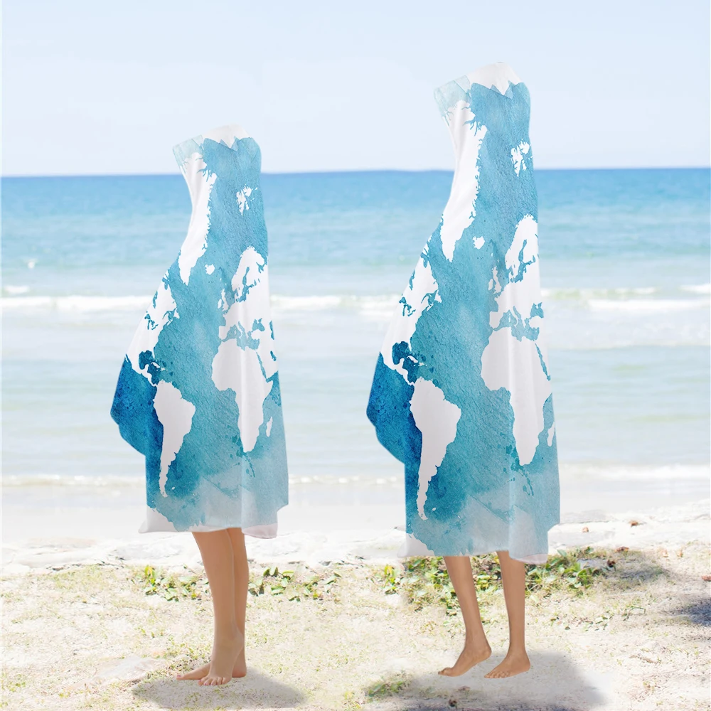 Silstar Tex World Map Wearable Towels 3D Printed Hooded Polyester Beach Bath Towel for Adults Kids Portable Sports