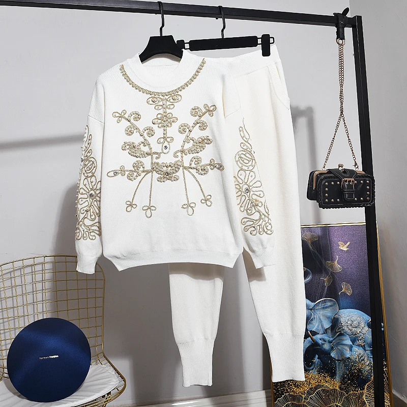

Fashion Beading Embroidery Tracksuit Female Set Long sleeve Knitted Sweater Casual Pants Two Piece Outfits Womens Knitting Suit