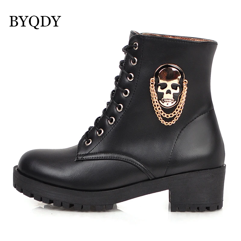 BYQDY/женские ботильоны; уличные ботинки на платформе со шнуровкой и черепом; Новая женская обувь на толстом каблуке; сезон осень-зима; короткие ботинки на меху с круглым носком