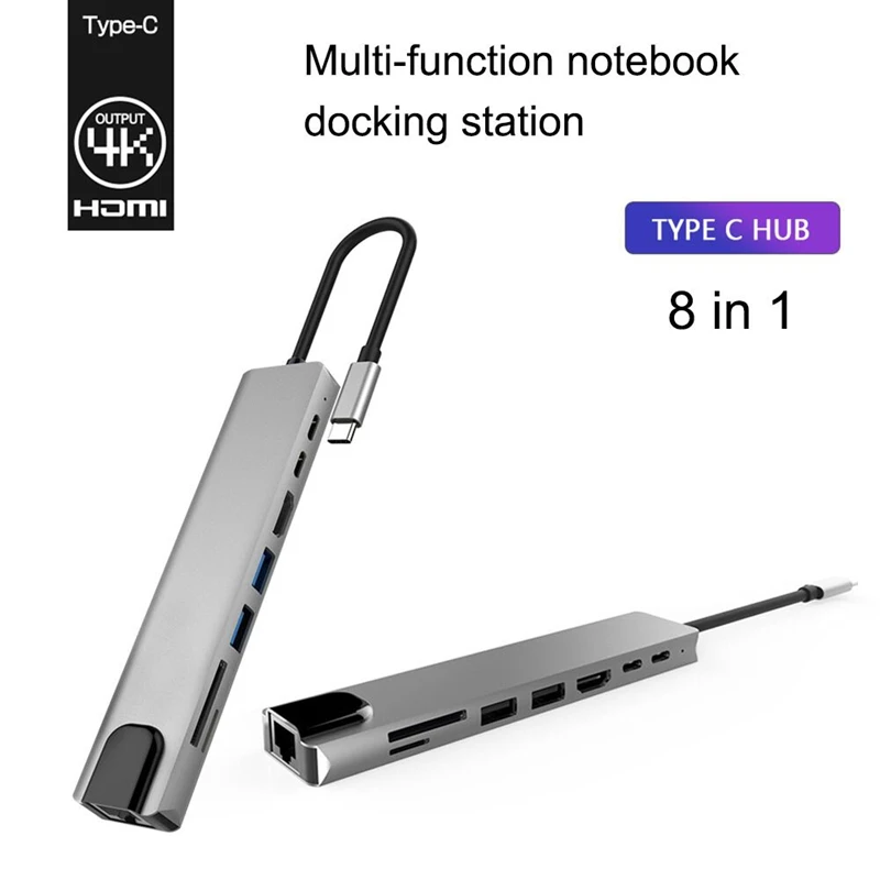 HOT-USB C концентратор 8 в 1 мульти порт Тип C адаптер с 4 к HDMI порт, Ethernet 1000 Мбит/с RJ45 порт, USB-C питания, TF/SD карты