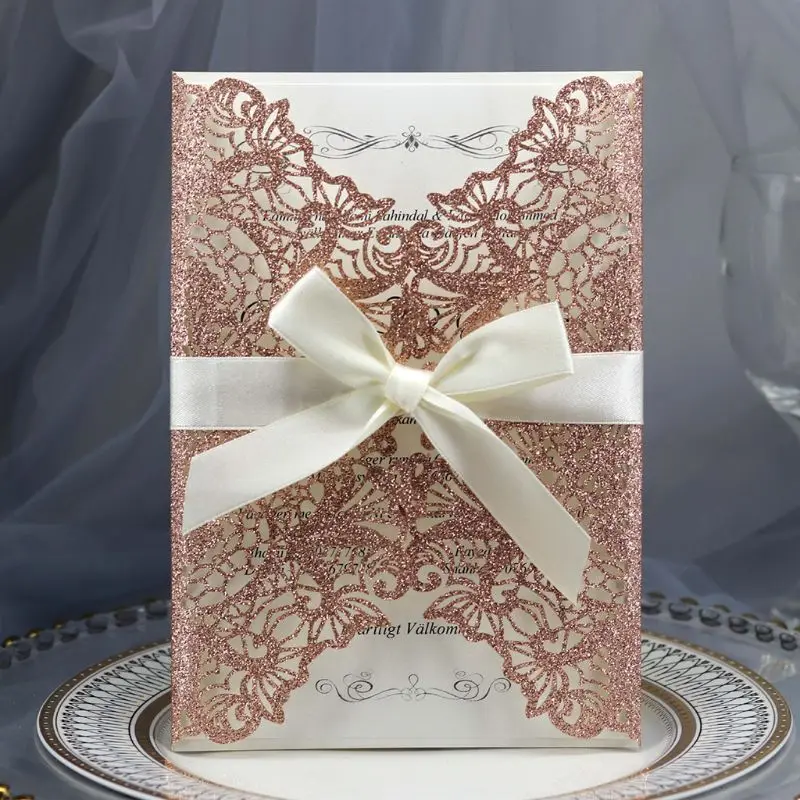  10pcs/set Laser Cut Glitter Lace Wedding Invitation Cards With Bow Ribbon Envelopes For Bridal Show - 4.00027E+12