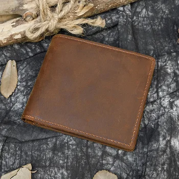 

Men's Crazy horse Leather wallet with coin pocket two inner zipper pocket purse trifold real leather short wallet money clip