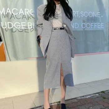 

women 2 Pieces Skirt Suit Female Retro Plaid Office Ladies casual Single-breasted Blazer Suit + high waist Long Skirts suit