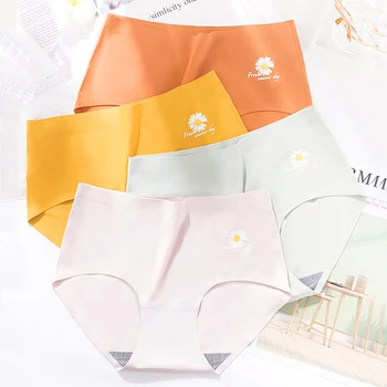 

2pcs Women Sexy Panties Seamless Ice Silk Briefs Underwear Mid Waist Graphene Antibacterial Little Daisy Underpants Intimates #F