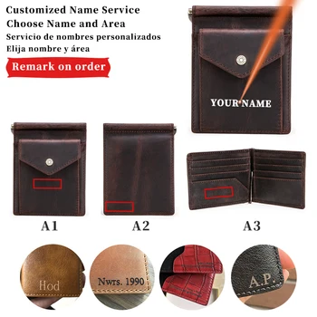 

Free Engraving Name Slim Money Clip Money Case Genuine Leather Card Wallet Men Women Bifold Wallets with Coin Pocket Gift