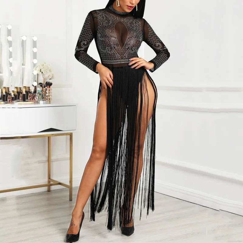 Для женщин сексуальная прозрачная Клубное платье с бриллиантами тиснения из прозрачной сетки с бахромой вечерние блестящие туфли прозрачное облегающее платье