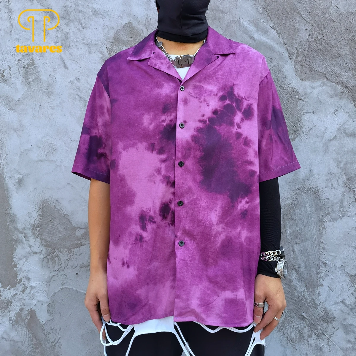 

TAVARES Casual Shirts Men Summer Short Sleeve Shirt Purple Tie Dye Gradient Women Hawaii Beach Blouses Harajuku Gothic Cardigan