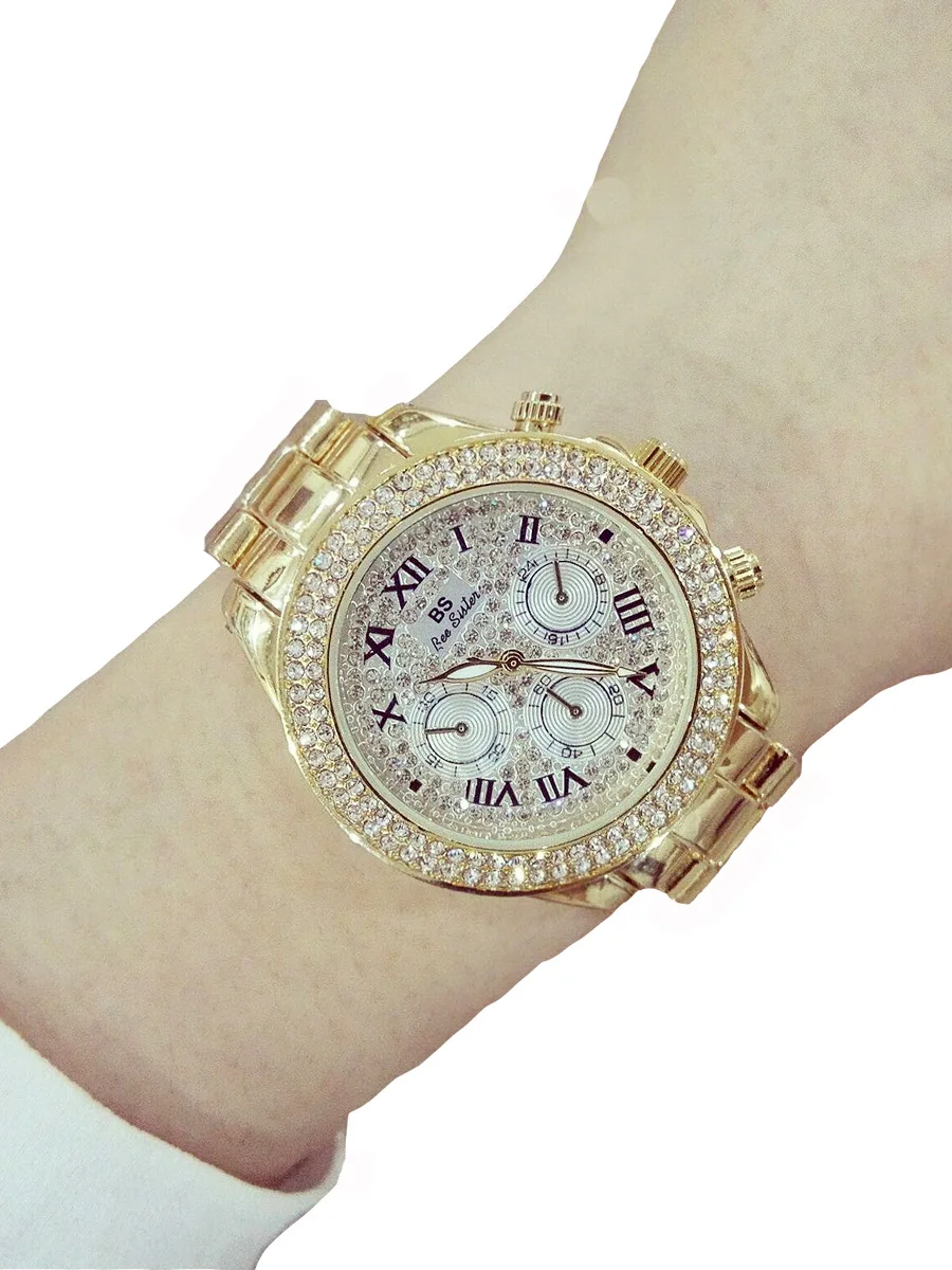 

-Style Full of Crystals Watch Diamond Set False Three Eyes Watch Rome Style Stainless Steel Belt Quartz Watch