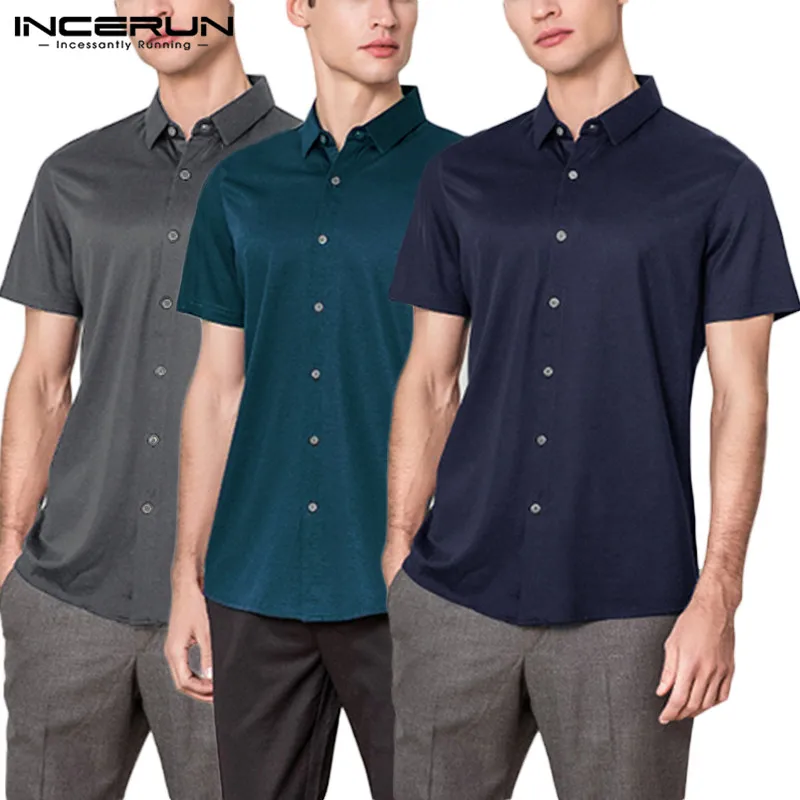 

INCERUN Elegant Plain Navy Shirt Men Shirts Social Dressed Short Sleeve Summer Casual Tops Man Clothing Camisas Masculina S-5XL