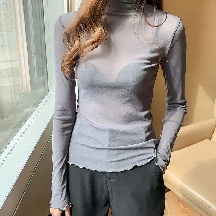 Size M 3XL Girls Mesh Blouses Shirts Tees Female Autumn Transparent Full Sleeve Turtleneck Thin Blouse Tops Undershirts Women