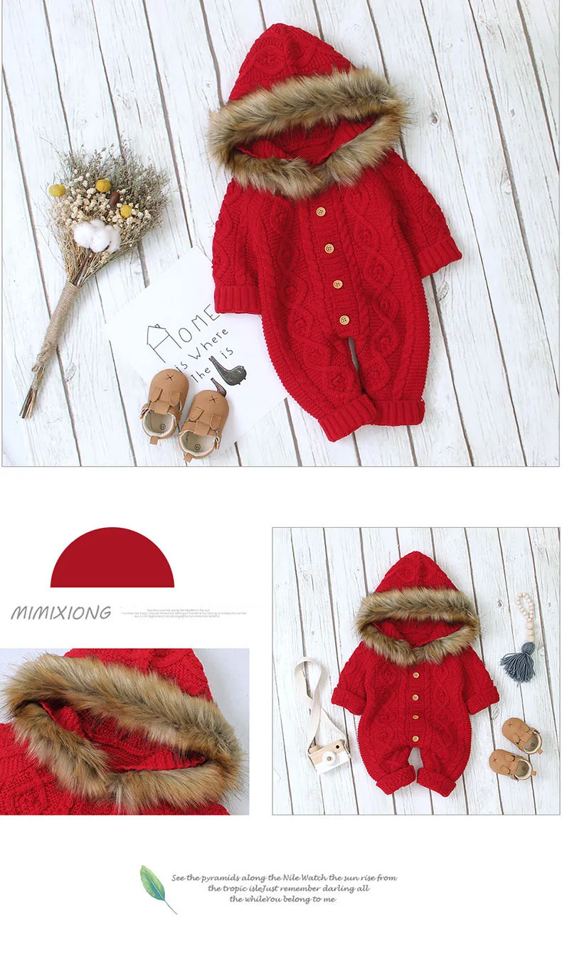 Crianças do Bebê Macacão de Malha com Capuz Roupas de Inverno Gola de Pele do Falso Macacão da Criança Camisola Recém-nascido Menino Menina Quente Infantil Pano 10 Crianças do bebê macacão de malha com