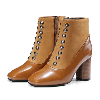 

Woman Rivet Boots 2121 Thick Heel Non-slip Zipper PU Booties Casual Shoes Leather Boots Women