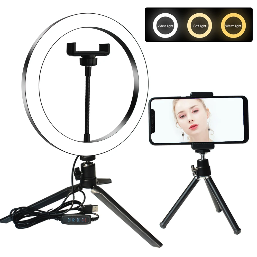 

26cm Dimmable Cold Warm LED Studio Camera Ring Light Photo Phone Video Light Lamp With Tripods Makeup Light