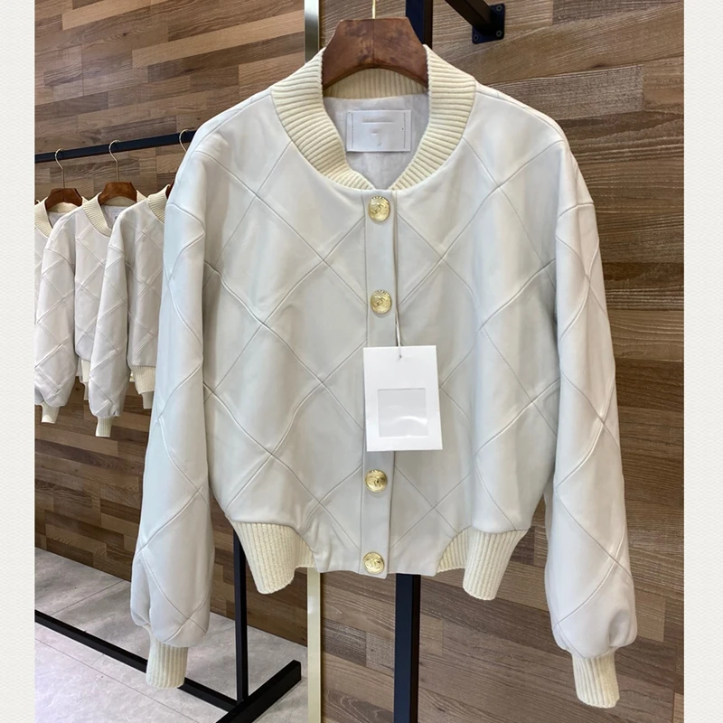 

Lambskin Natural Leather Women Leather Bomber Biker Jacket Long Sleeves 100% Sheepskin Leather Coat H726