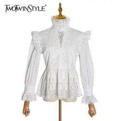 TWOTWINSTYLE, винтажная открытая кружевная блузка для женщин, воротник с лацканами, расклешенная рубашка с длинным рукавом и высокой талией