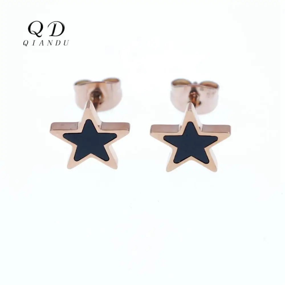 

Qian Du lady stud plated rose gold star shape black enamel luxury push pull button selling earrings jewelry