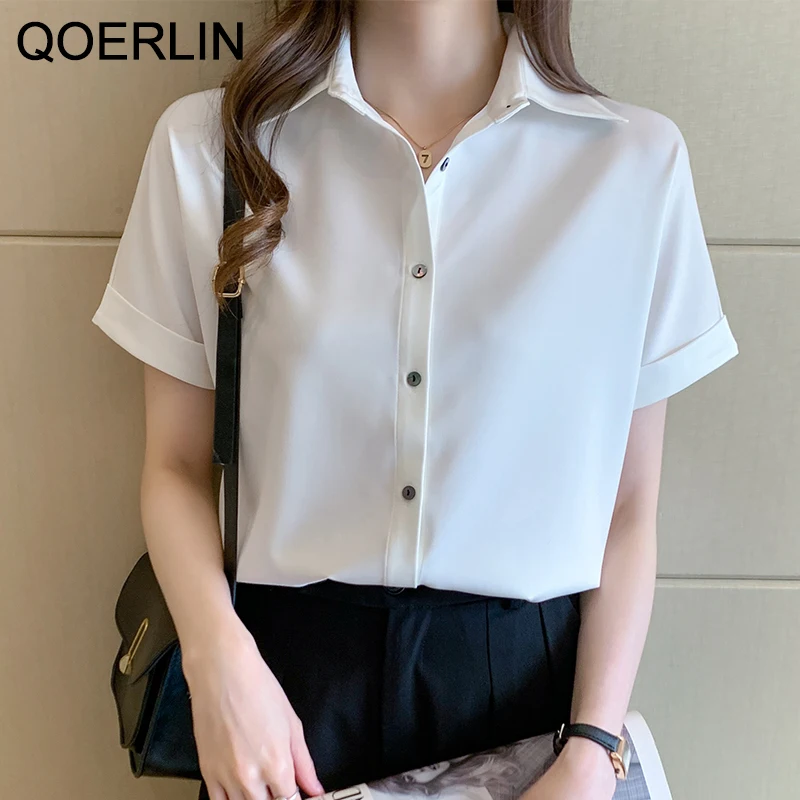 

QOERLIN Summer Satin Shirt OL Style Short Sleeve Blouse Turn-Down Collar Single-Breasted Workwear White Tops Shirts Loose Casual