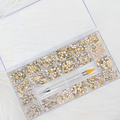 Multi Nail Rhinestones Kit Flatback 240pcs Alloy Charms (Neon,Pink,AB,Blue) Glass Jewelry Nail Art Crystal Box 2022